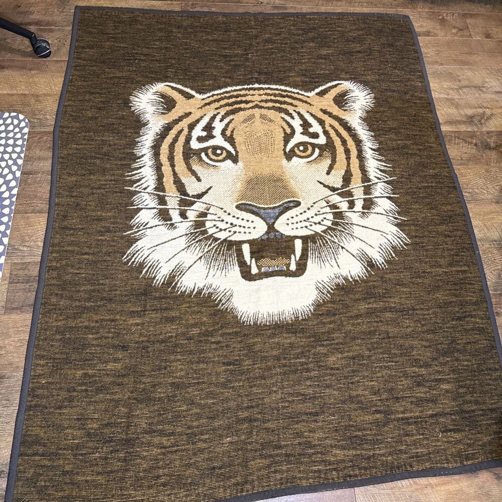 Vintage Biederlack Plush Tiger Throw Blanket Brown 71"X53” Reversible